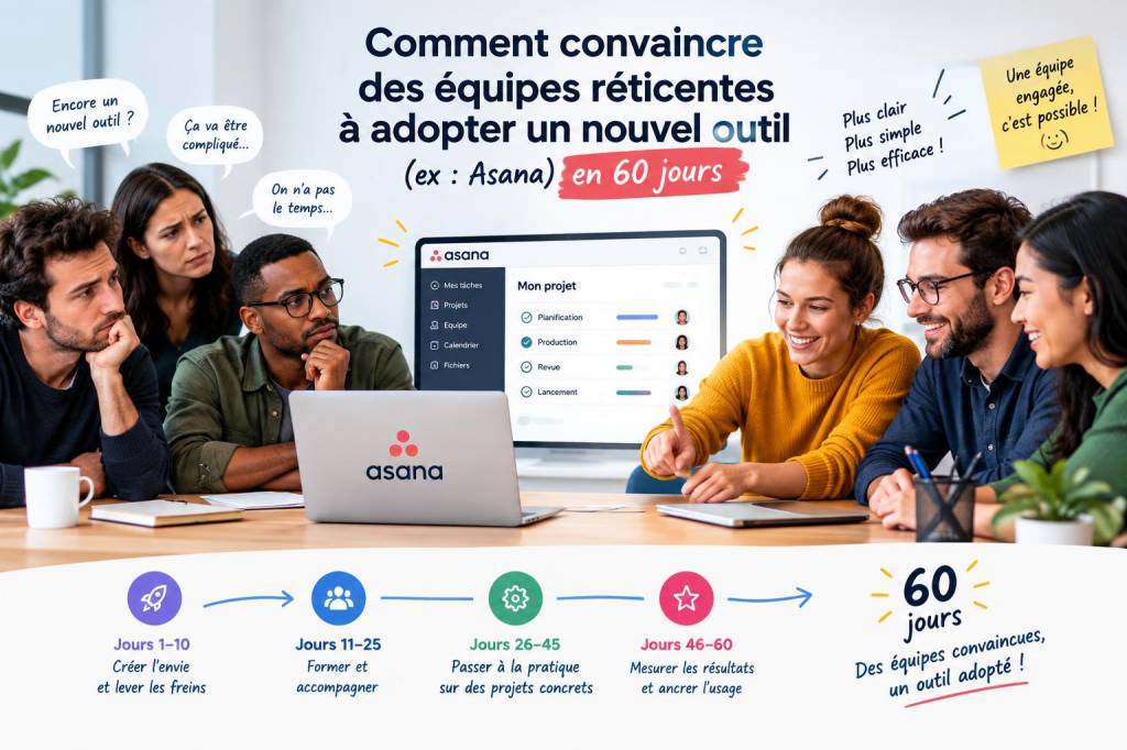Comment convaincre des équipes réticentes à adopter un nouvel outil (ex: asana) en 60 jours